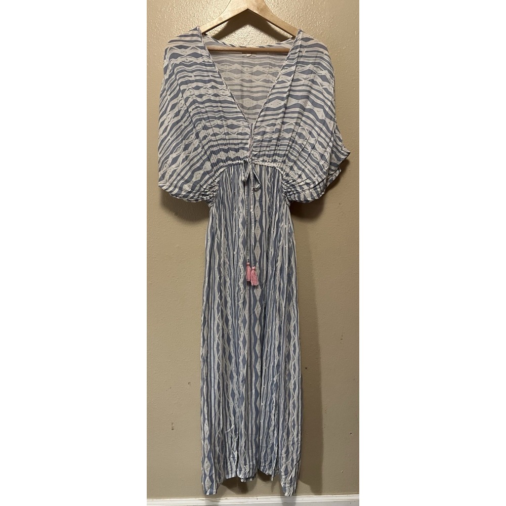 World Market Kaftan Maxi Dress Blue White Geometric Tassel Boho Resort Size S/M